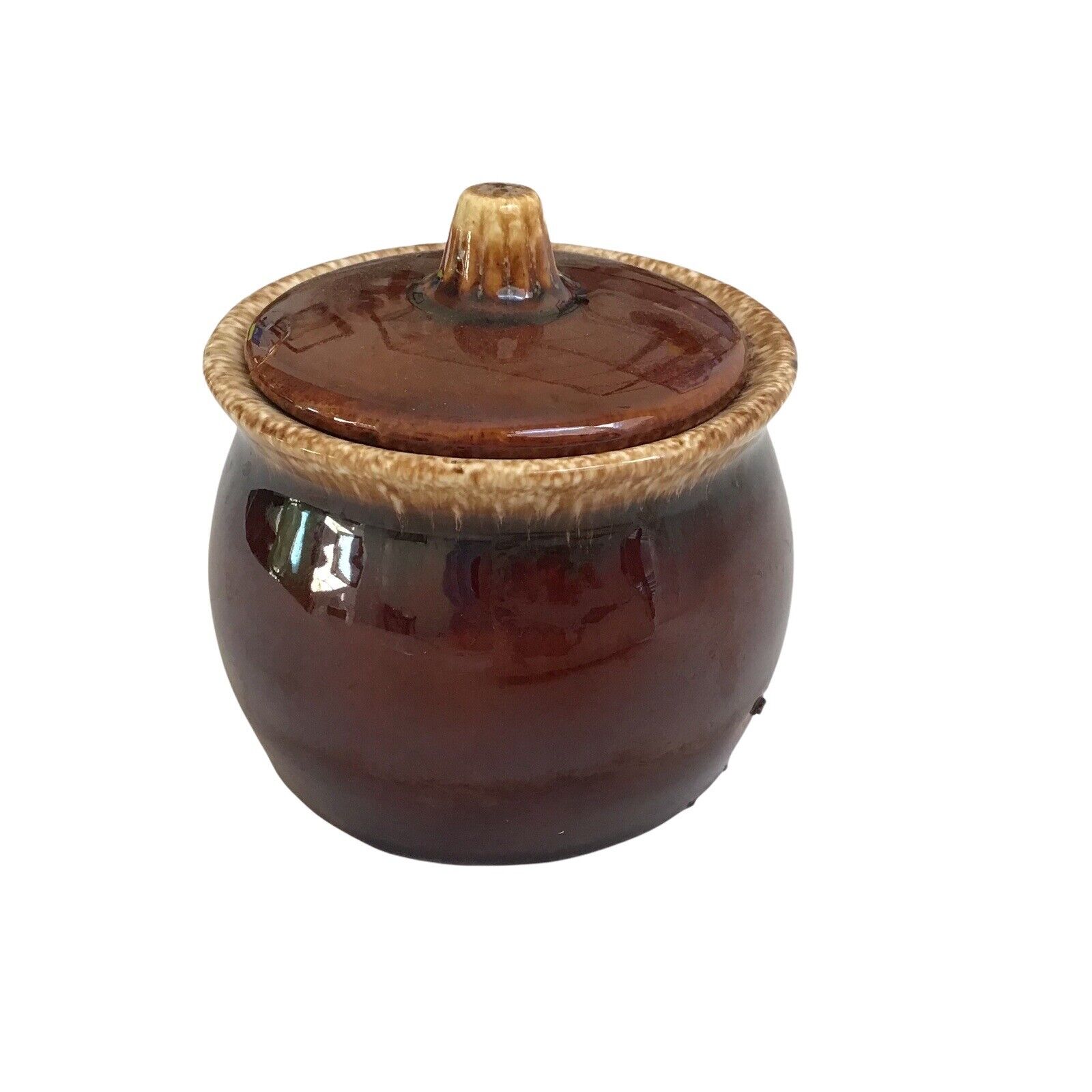 VINTAGE HULL POTTERY Oven Proof BROWN GLAZE Sugar Bowl SIGNED Bean Pot READ