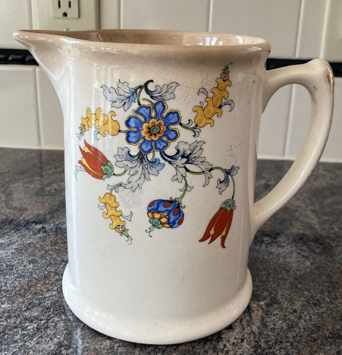 Vintage Ceramic Pottery Pitcher Flowers Florals Multi Colored Gold Handle Retro