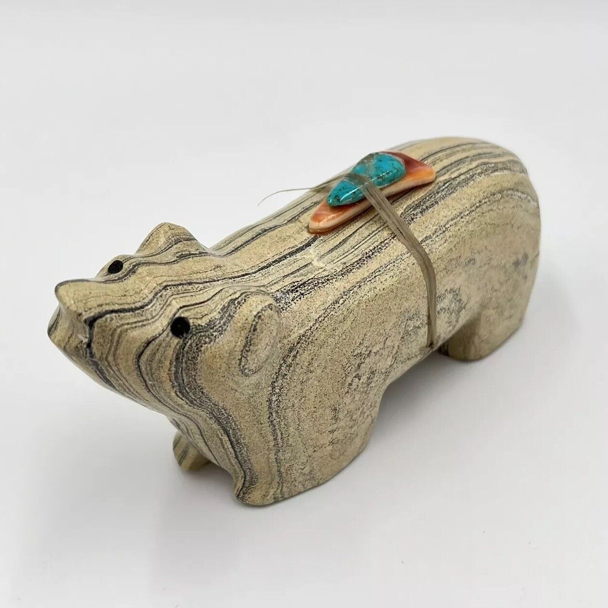 Vintage Zuni Fetish Bear Carved Striped Stone Unsigned 4 3/4”