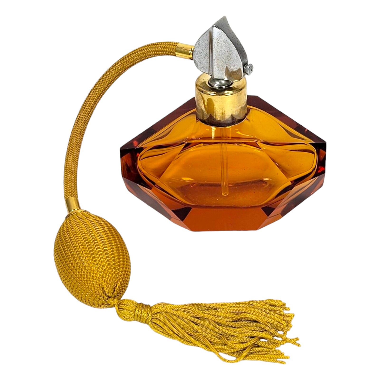 Amber Crystal Vanity Perfume Bottle Art Deco Atomiser Pump 1950s Original Works