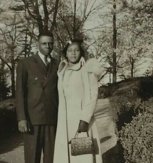 Vtg Photo Well Dressed Man Woman Couple Outdoor African American Black & White 