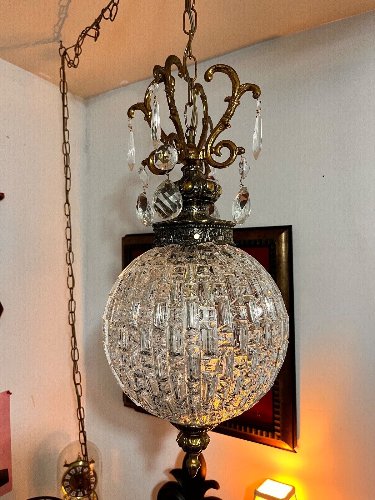 Crystal Swag Haning  lamp, antique Crystal pendalogues. Roughly 21 inches. 