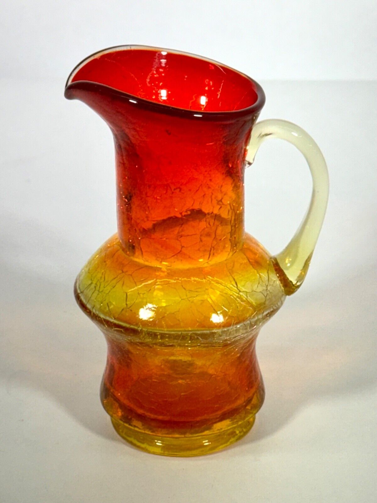VINTAGE CRACKLE GLASS PITCHER AMBERINA 5 1/2” Tall MCM Lovely Condition