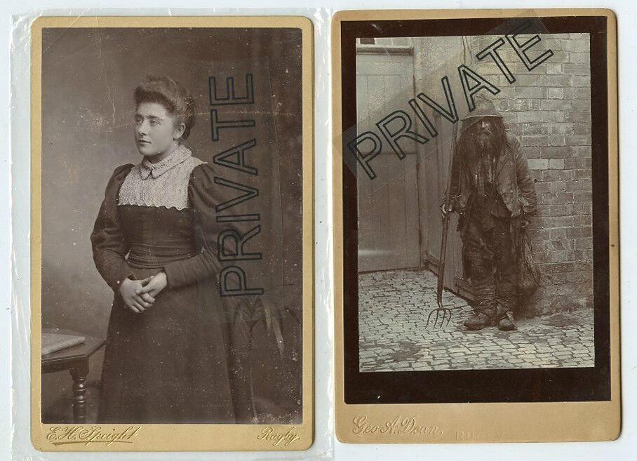 2 Cabinet Photos-Rugby England-Rare-Stable Tramp Hostler-Lady of House-REINHARDT