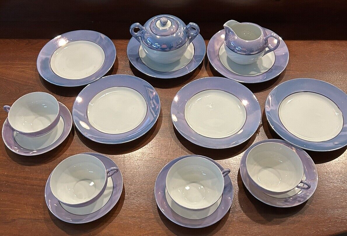 Set (16) VTG Mid Century Blue/purple LusterWare 6 Plates, 4 Cups, 4 Saucers, C/S