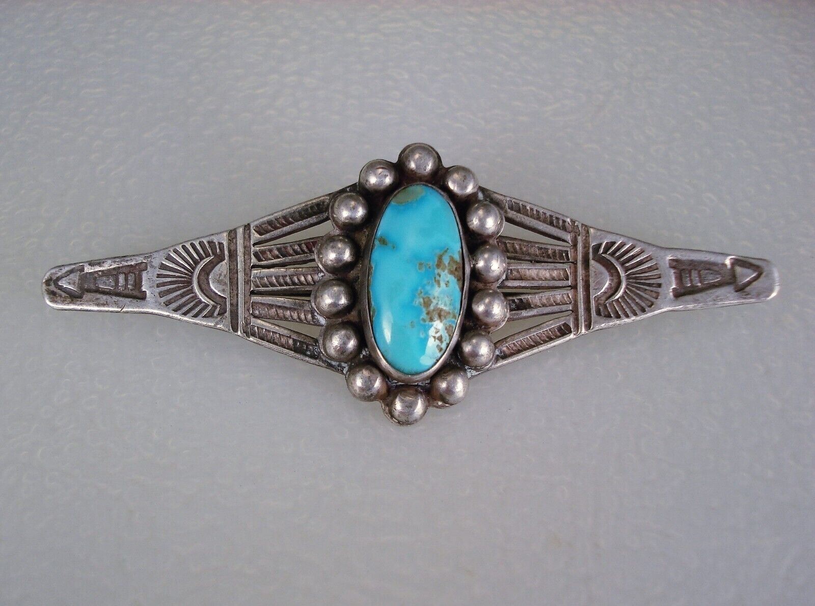 OLD Fred Harvey era STAMPED STERLING SILVER & TURQUOISE CLUSTER BAR PIN