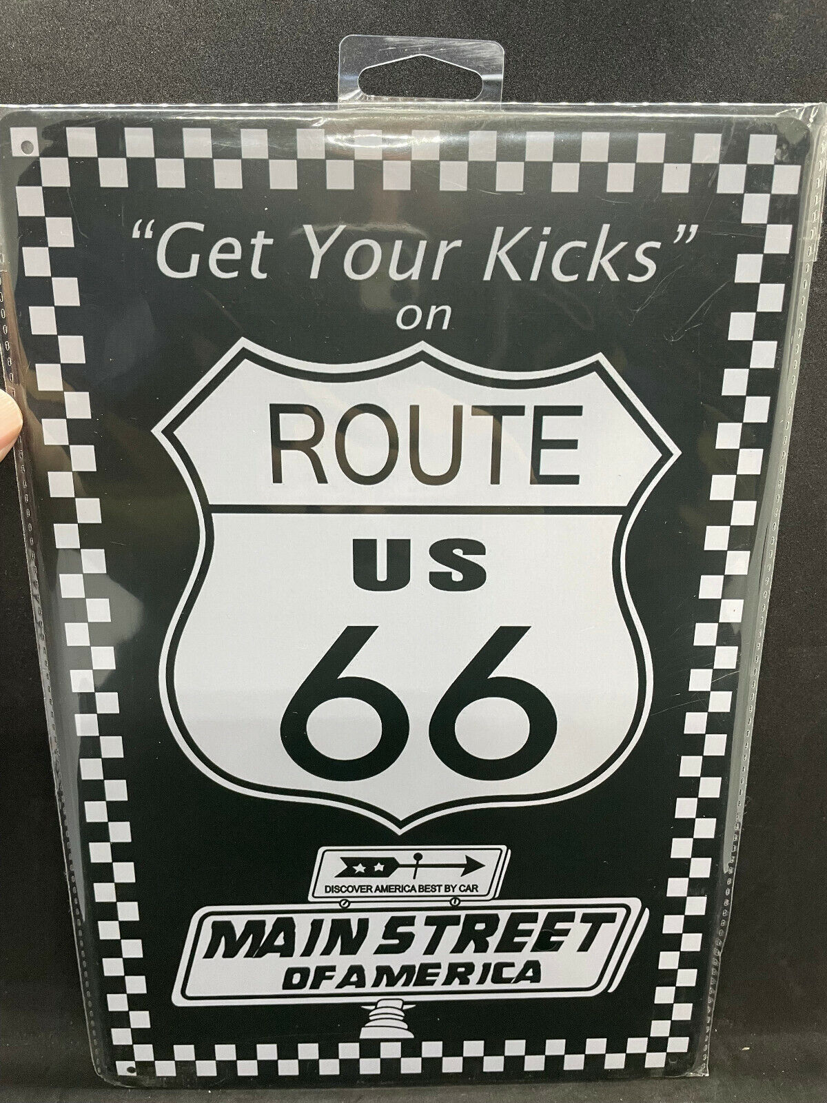Sign Get Your Kicks on Route 66 Black & White Check Main Street of America NEW