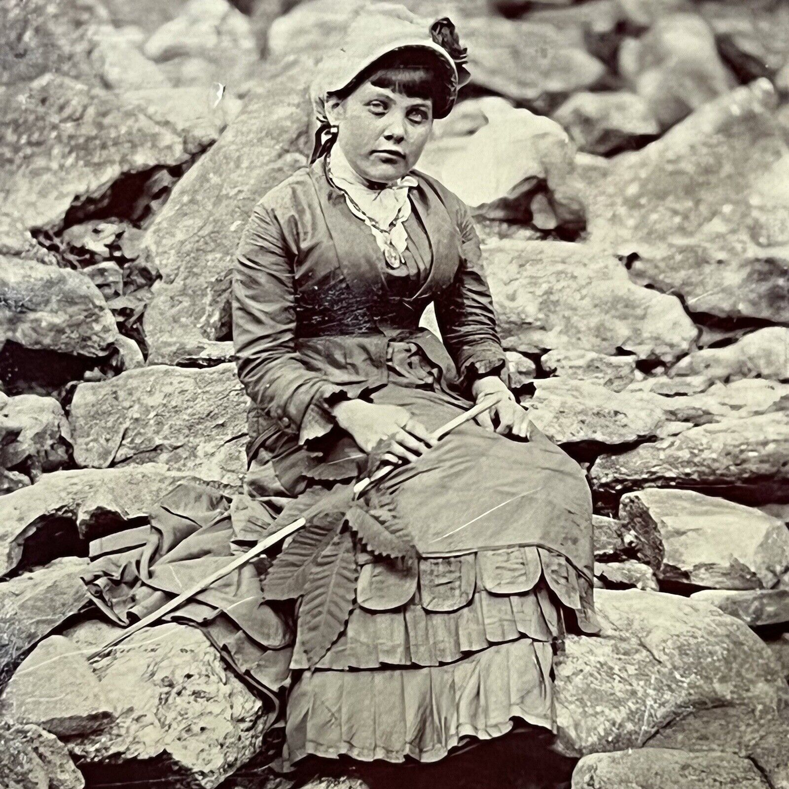 Antique Tintype Photograph Beautiful Young Woman Incredible Dress Sanpaku Eyes