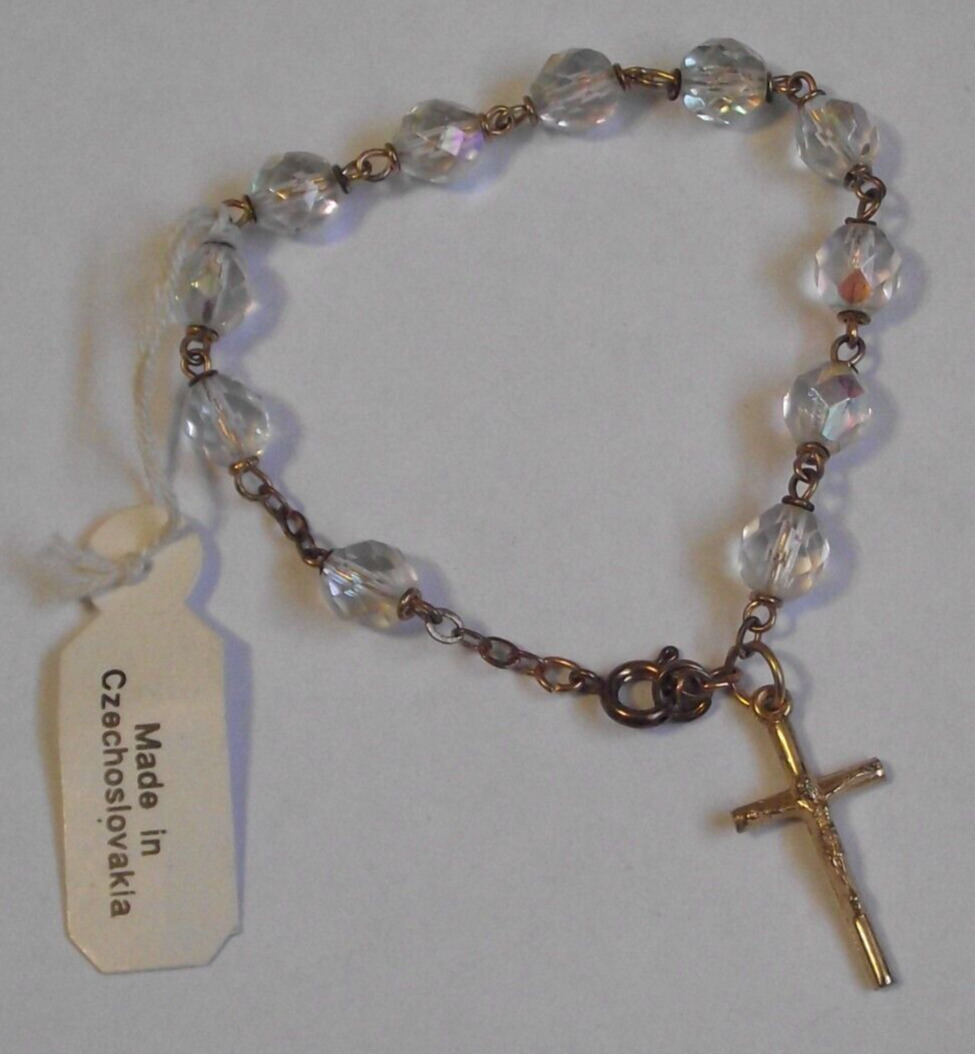 Vintage Czechoslovakia rosary chaplet bracelet clear ab bead gold tone crucifix
