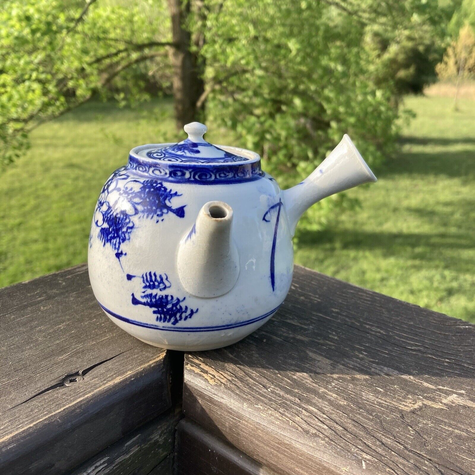 Vintage Small Kyusu Kiln Tea Pot With Infuser And Lid Blue And White Pottery