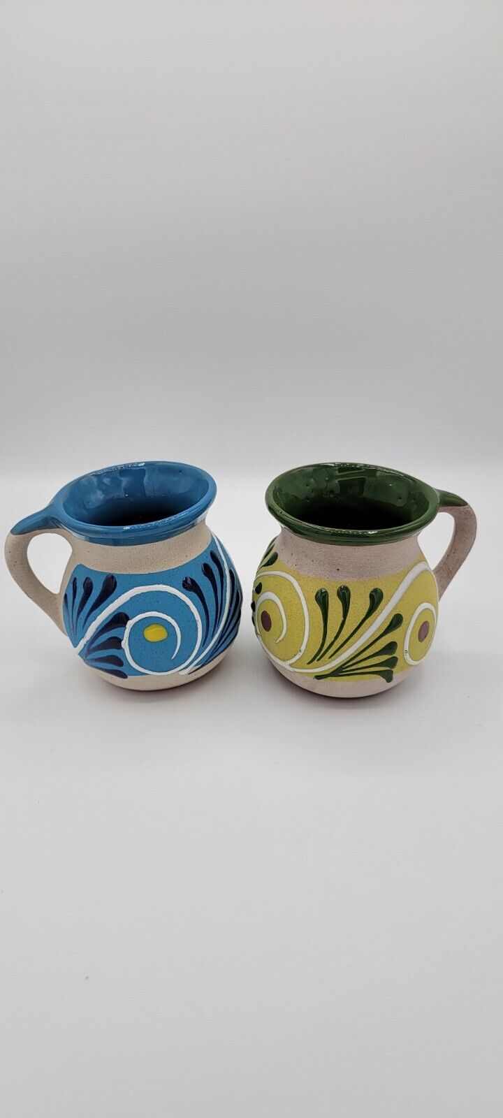 Set of 2 Mexican Artisan Clay Mugs Hand Painted Coffee Jarrito Cups