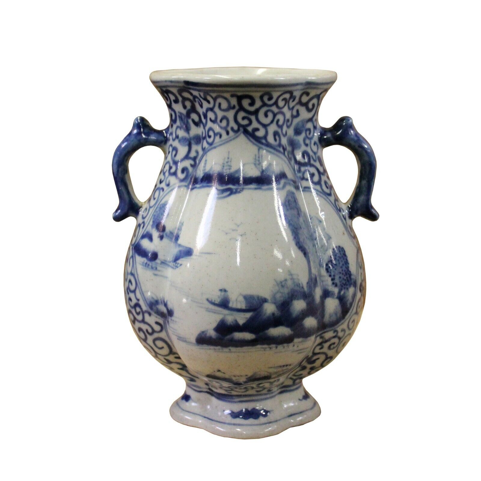 Chinese Blue White Porcelain Scenery Graphic Flower Shape Vase ws727