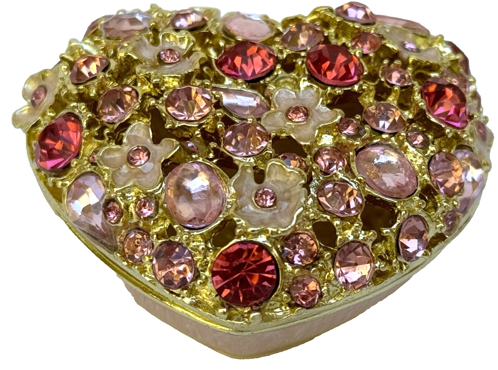 Small Gold and Pink Floral Heart Rhinestone Encrusted Hinged Metal Jewelry Box