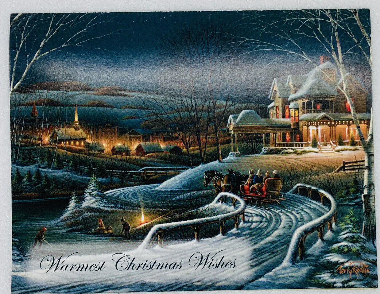 VTG Holiday Card “Warmest Christmas Wishes” Hockey Horse Wagon Snow House P3