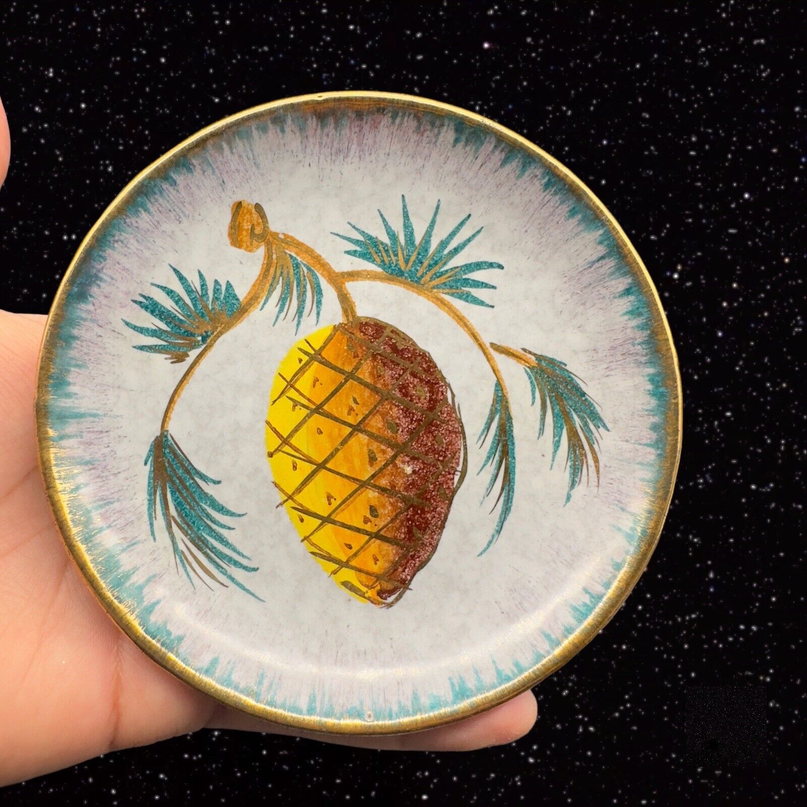 Vintage Italian Pottery Trinket Dish Pine Cone Italy Hand Painted Plate 5”W