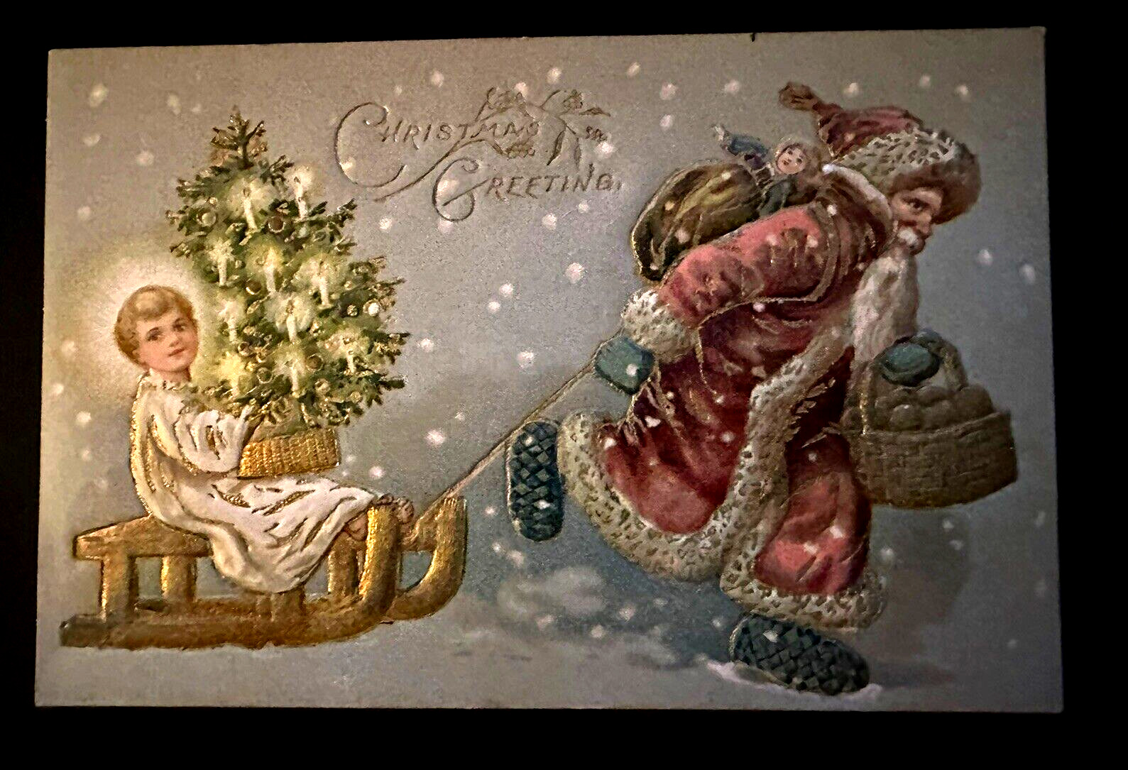Red Robe Santa Claus Pulls Angel with Tree on Sled~1907~Christmas Postcard~k452