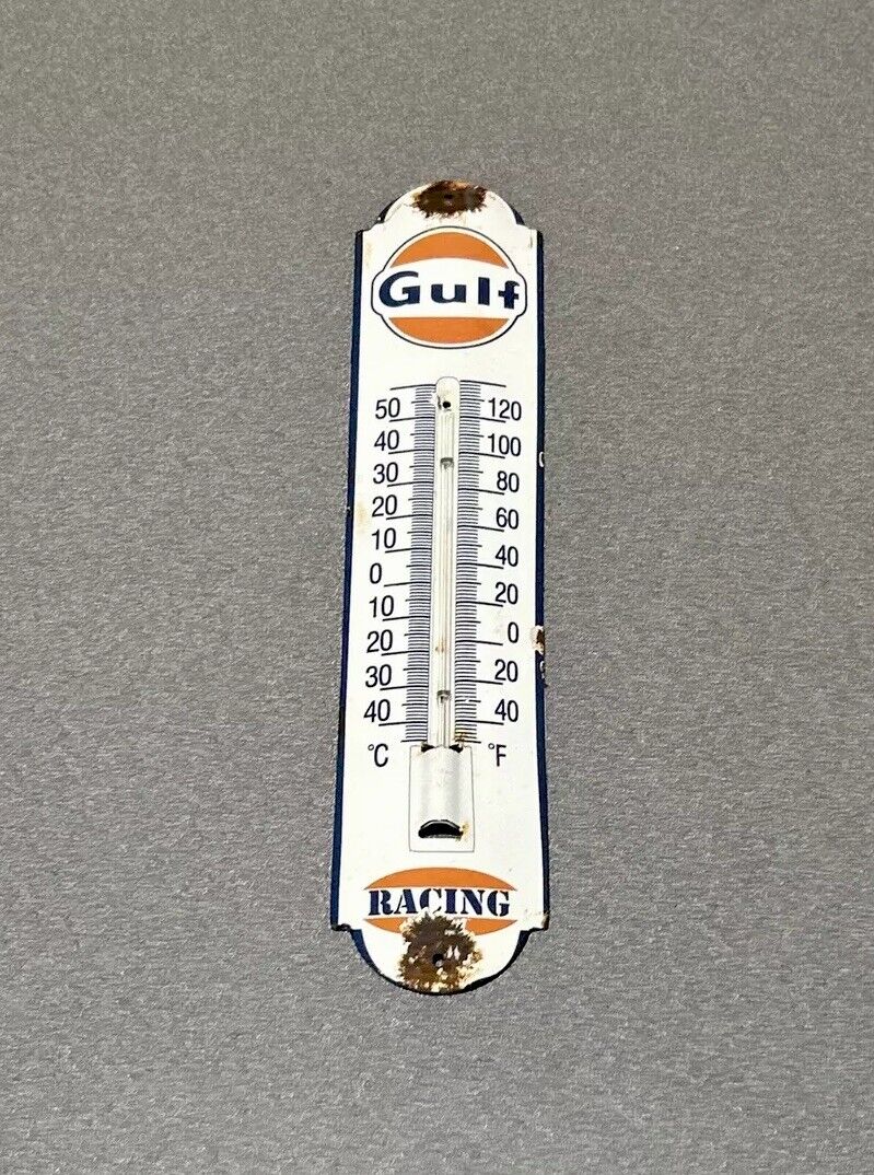 VINTAGE 12” GULF PORCELAIN THERMOMETER SIGN CAR GAS OIL TRUCK