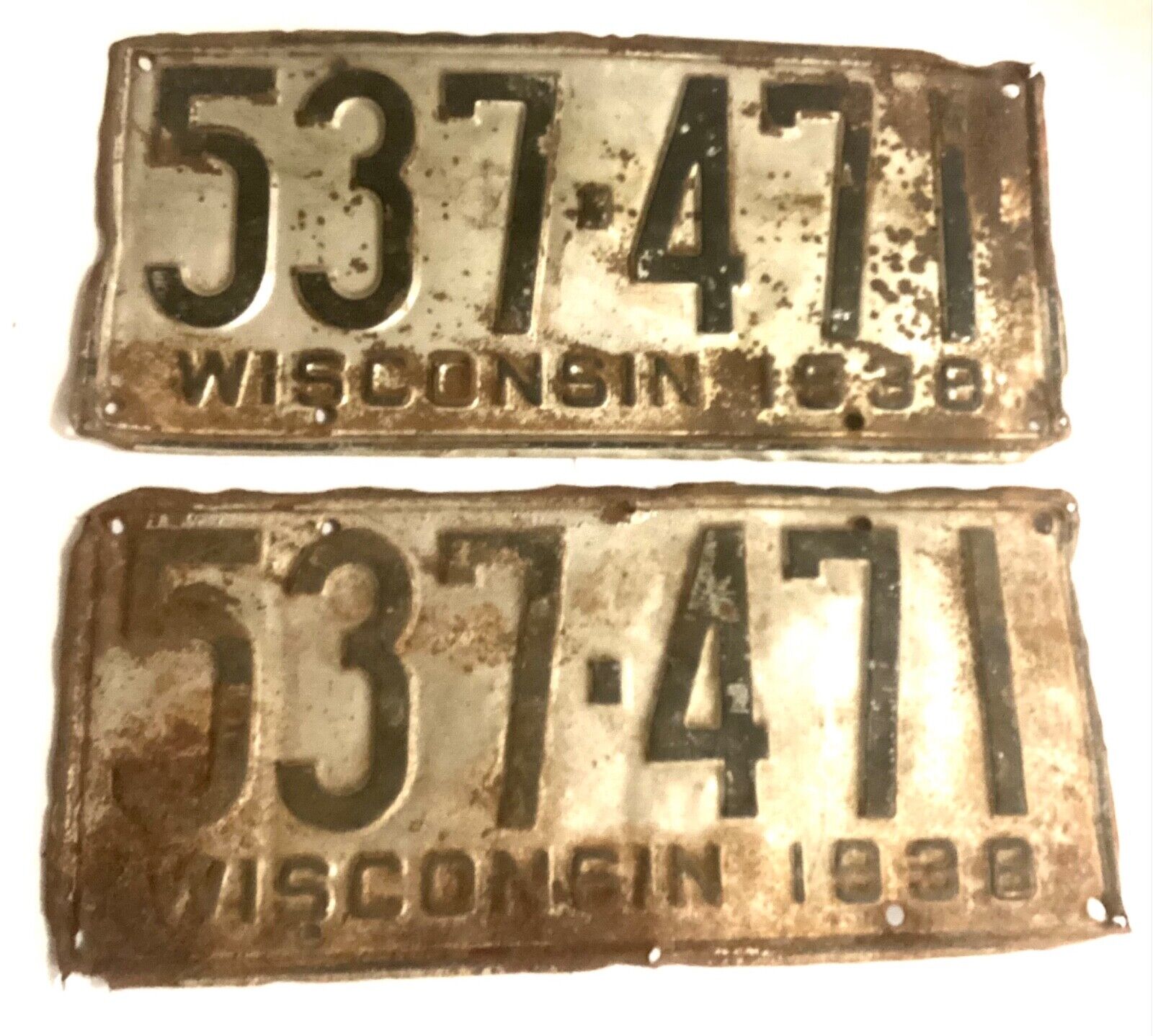 1938 Wisconsin Automobile License Plate Pair Antique Rare Vintage Rustic Mancave