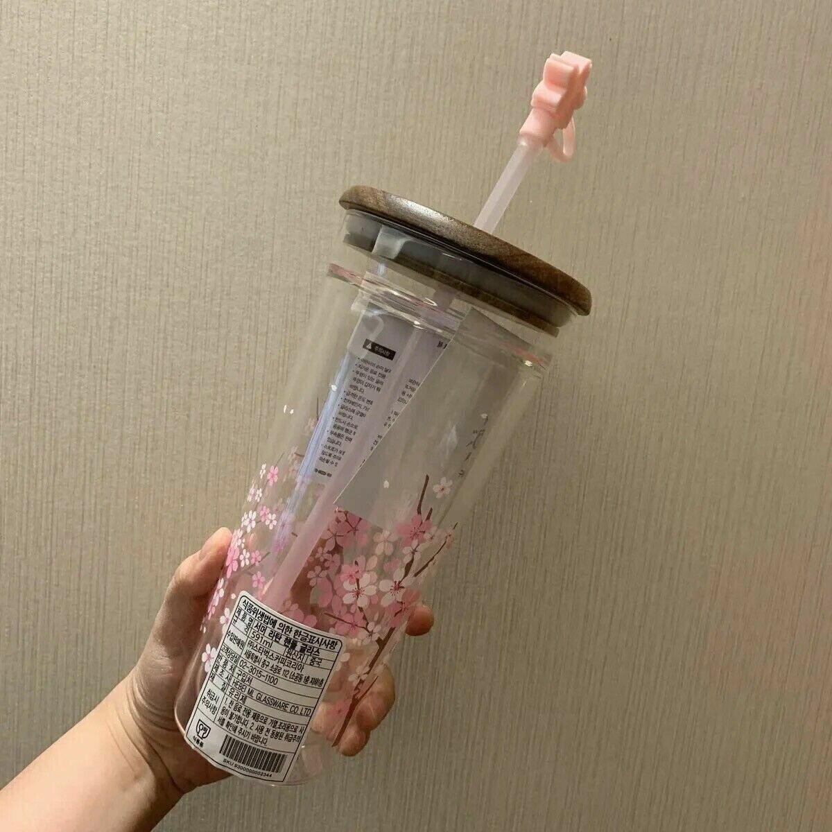 Starbucks Tumbler Pink Sakura Double Glass Straw Cup 591 ml+ Wooden Lid + Plug