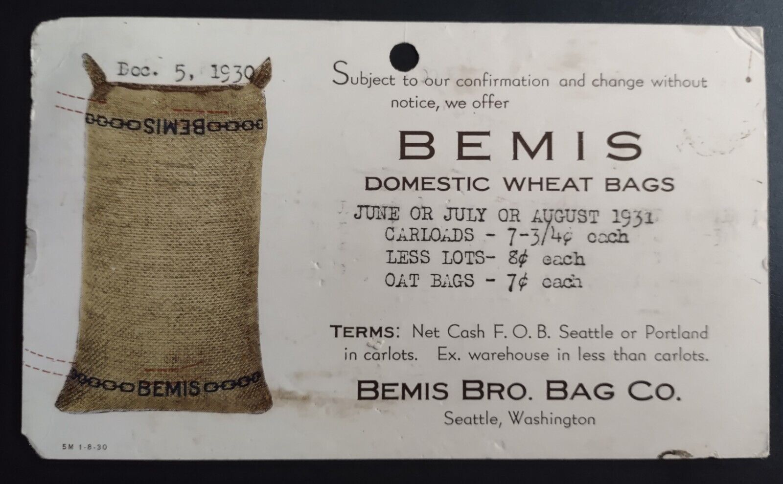 Postal Card Advertising Bemis Domestic Weat Bags 1930 Seattle Washington Prices