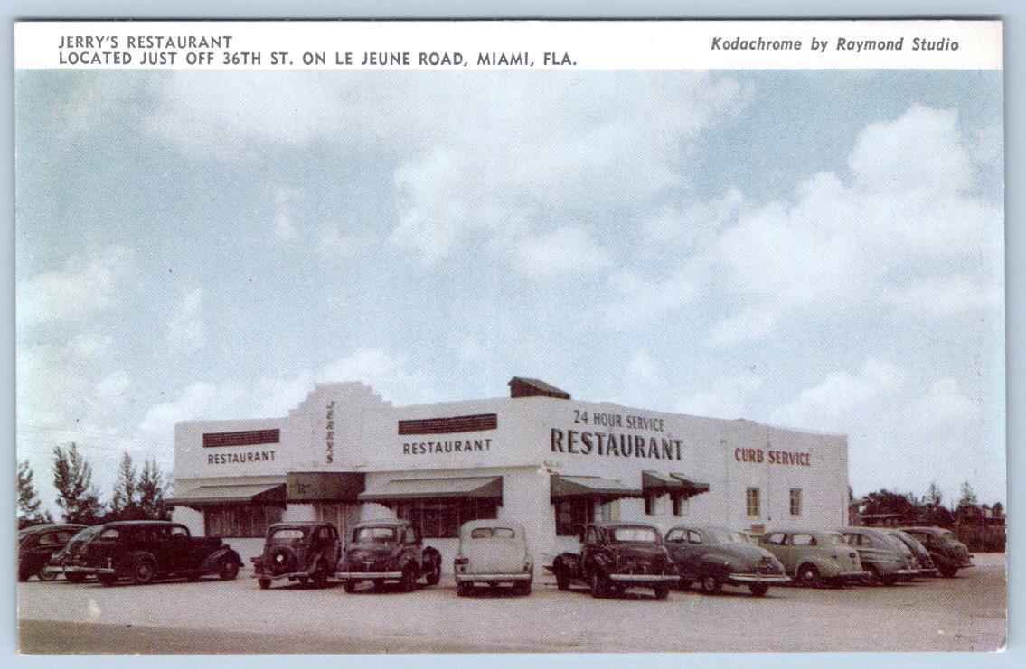 1940\'s JERRY\'S RESTAURANT MIAMI FLORIDA FL CLASSIC CARS PARKING LOT POSTCARD