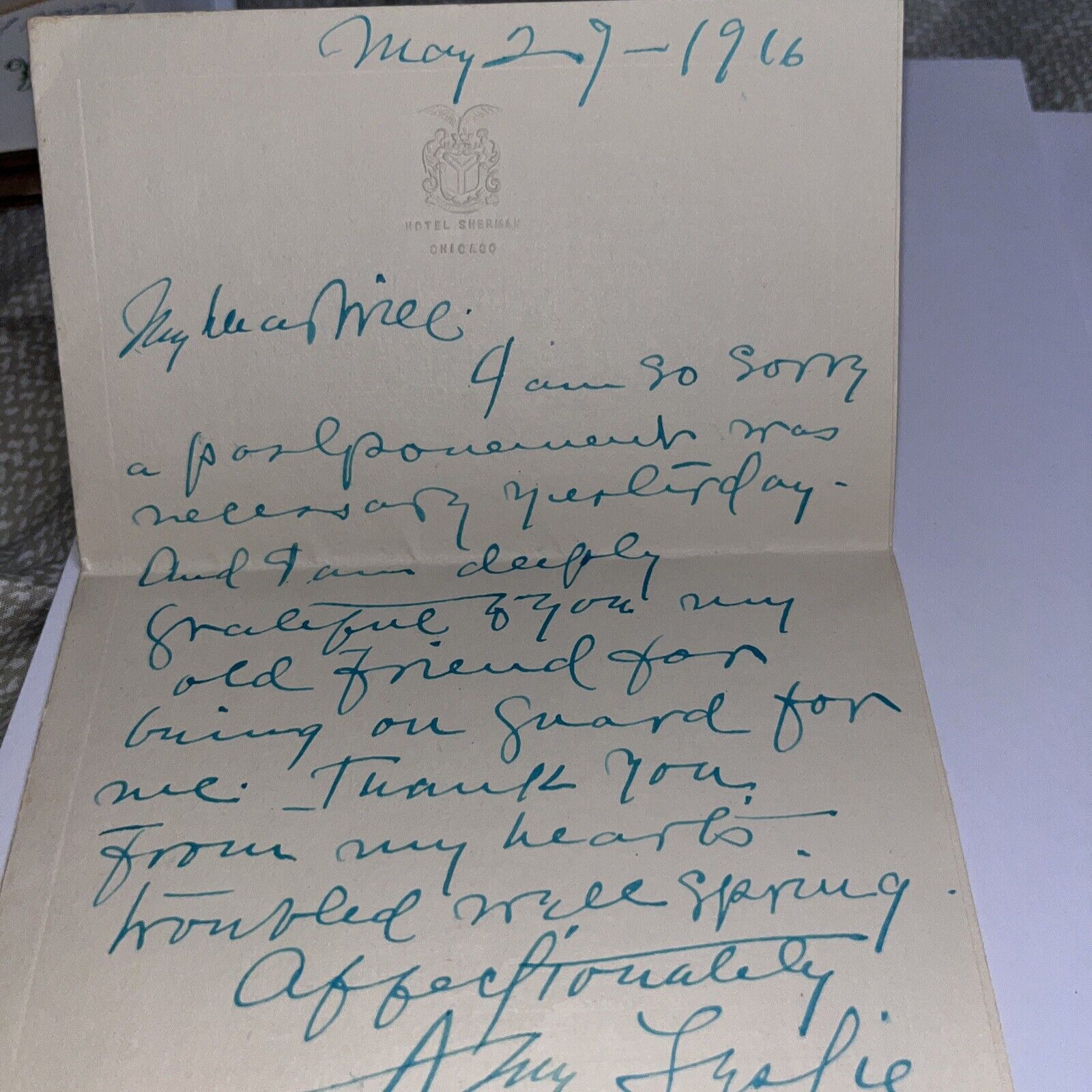 Letter Actress Amy Leslie to “Illinois Theatre” Manager In Chicago Hotel Sherman