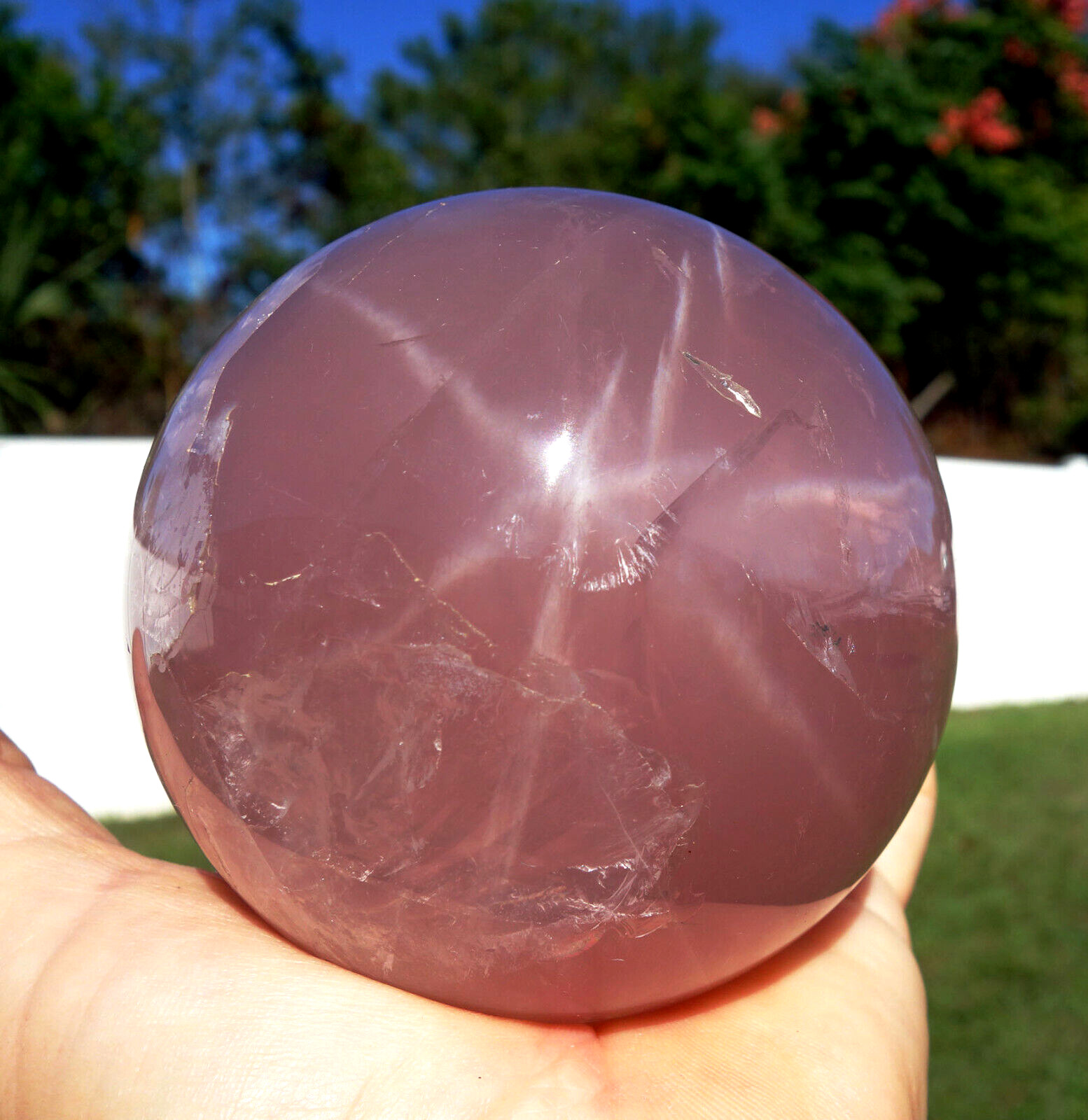 Large Pink STAR ROSE Quartz Crystal 3 1/2 Inch Sphere Ball Deep Color For Sale