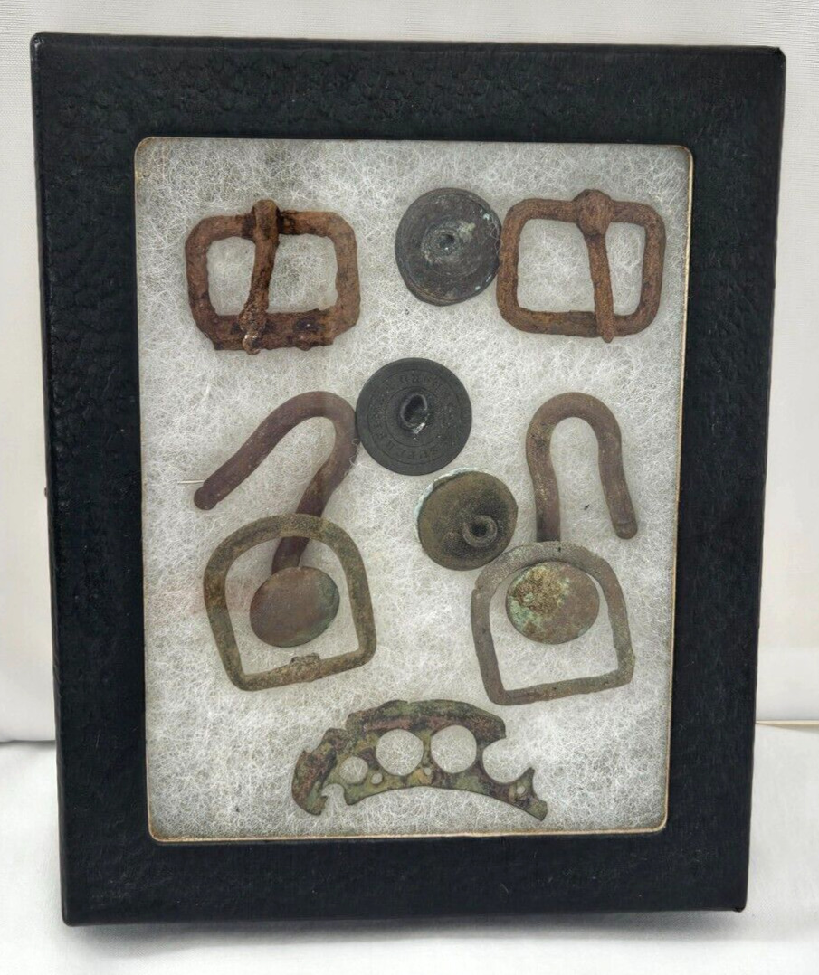 Antique Artifact Display Box~Metal Buckle Button Assemblage~Found Object~Relic