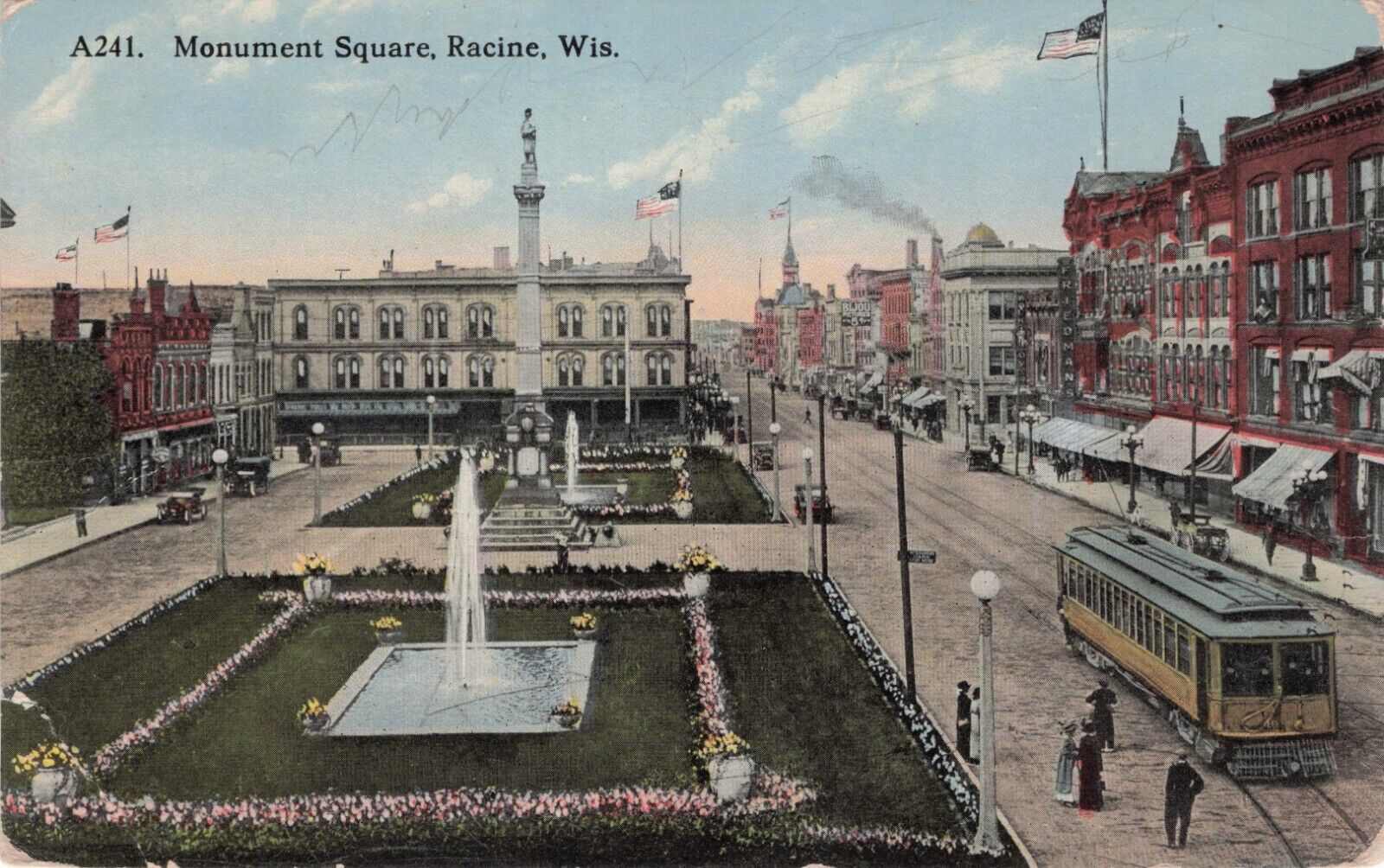 Vintage Postcard Racine Wisconsin WI Monument Square Trolley Autos Horses 539