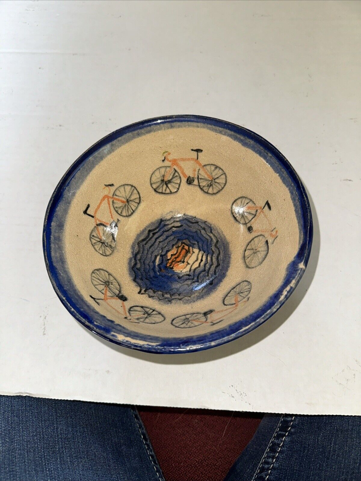 Handmade Pottery Bowl Dish Bicycle Hand Painted Glazed