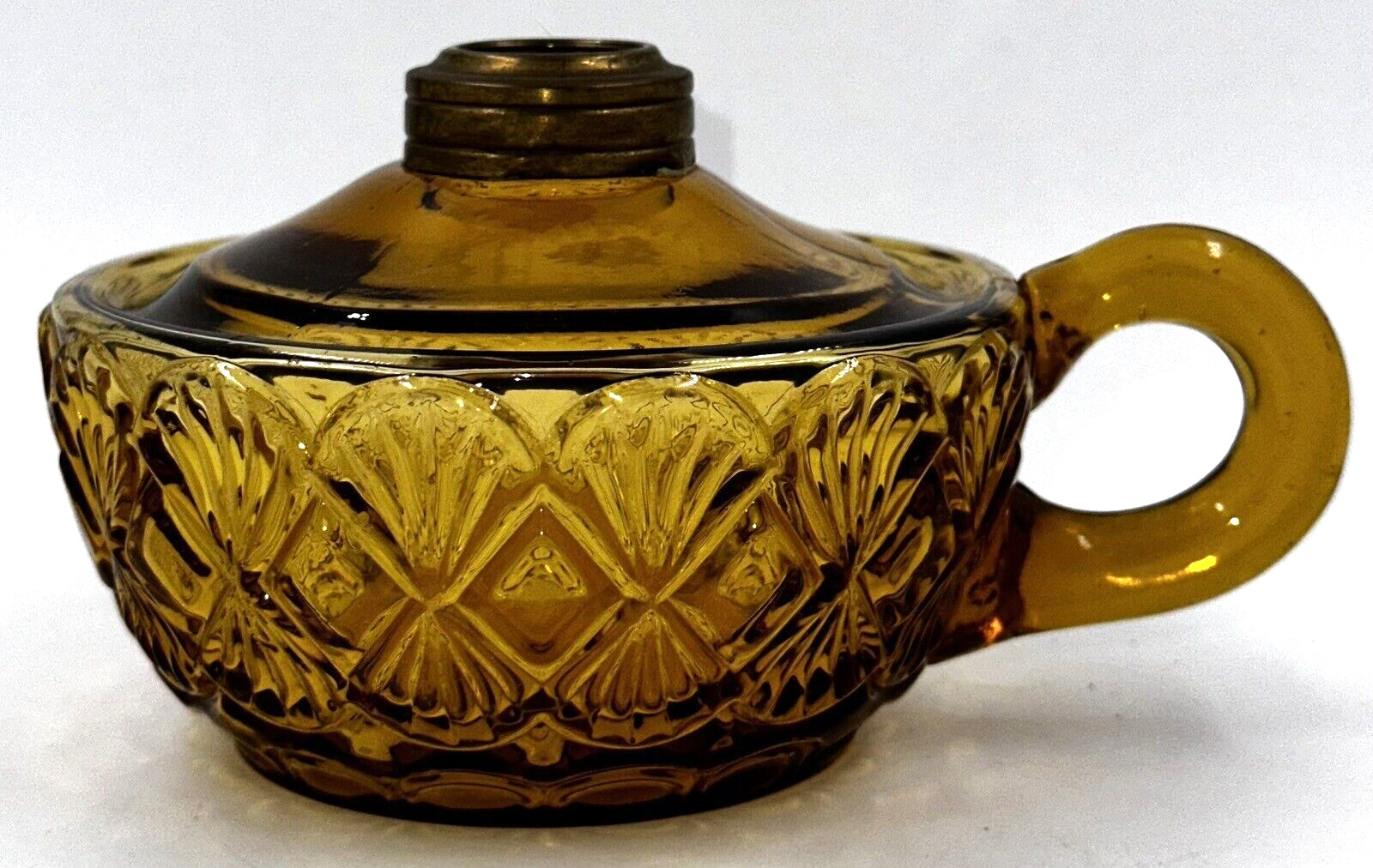 Antique DIAMOND and FAN Amber Glass Kerosene Oil Flat Hand Lamp THURO 2, 101-o