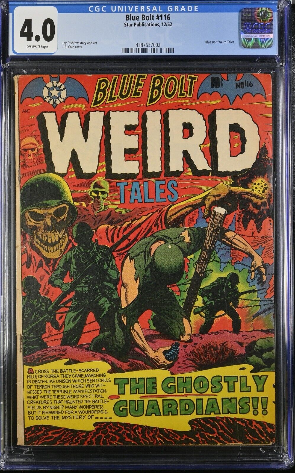 Blue Bolt #116 (1952) CGC 4.0 OW L.B. Cole SKULL cover Jay Disbrow Weird Tales