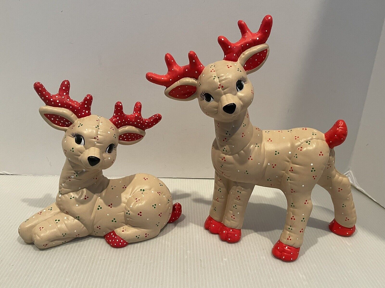 Vtg 80s Kimple Mold Christmas Ceramic Reindeer Figurines Quilted Hand Painted 2