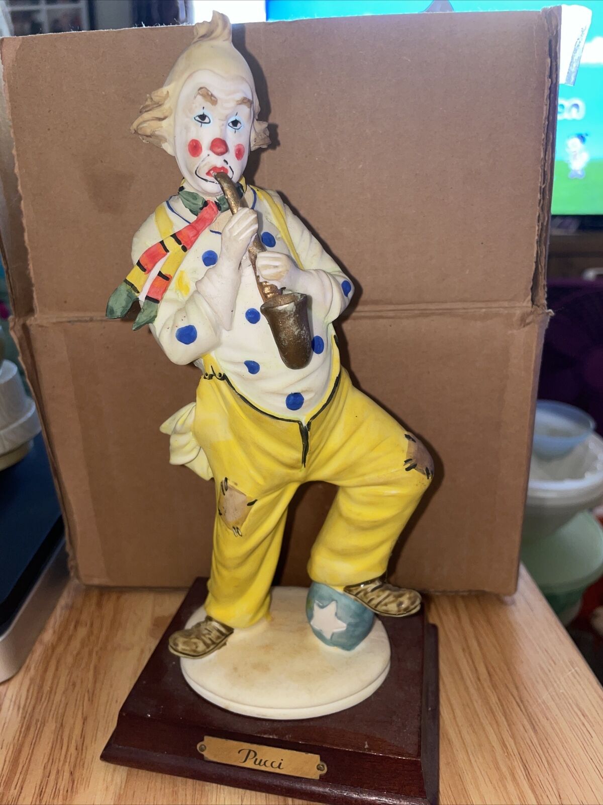 Pucci Resin Clown On A Wood Base Playing Sax 9\