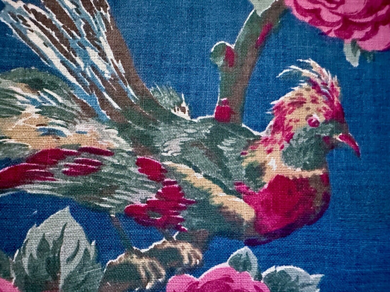 1800's Victorian Parrots For the BIRDS on Sea Blue Barkcloth Era Vintage Fabric
