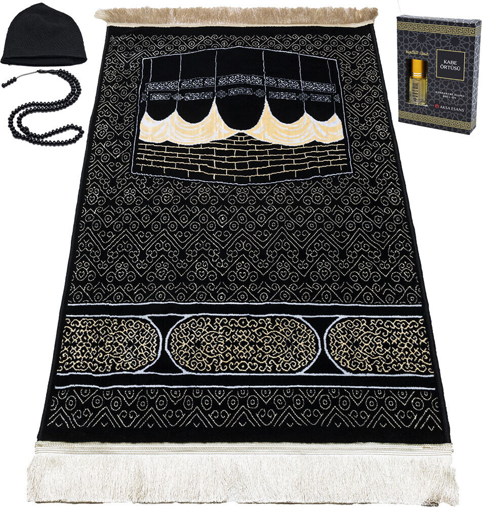 Modefa Turkish Islamic Luxury Prayer Rug | Velvet Janamaz | Kaba Swirls - Black