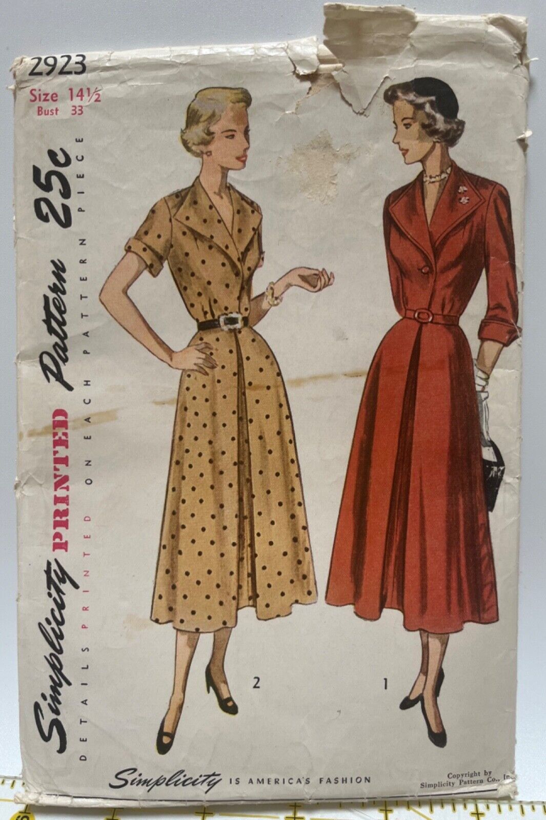 HTF Vintage 1949 1940s SIMPLICITY 2923 Inverted Pleat Dress Pattern 14.5 UC FF