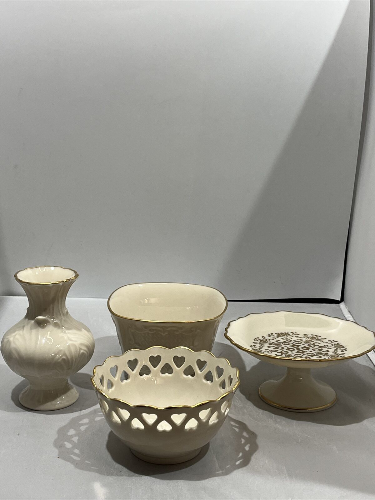 (4) LENOX Cream Vases w/ Gold Rim 4.5”; 5”; 4” ; 2” Candle Holder + Dish