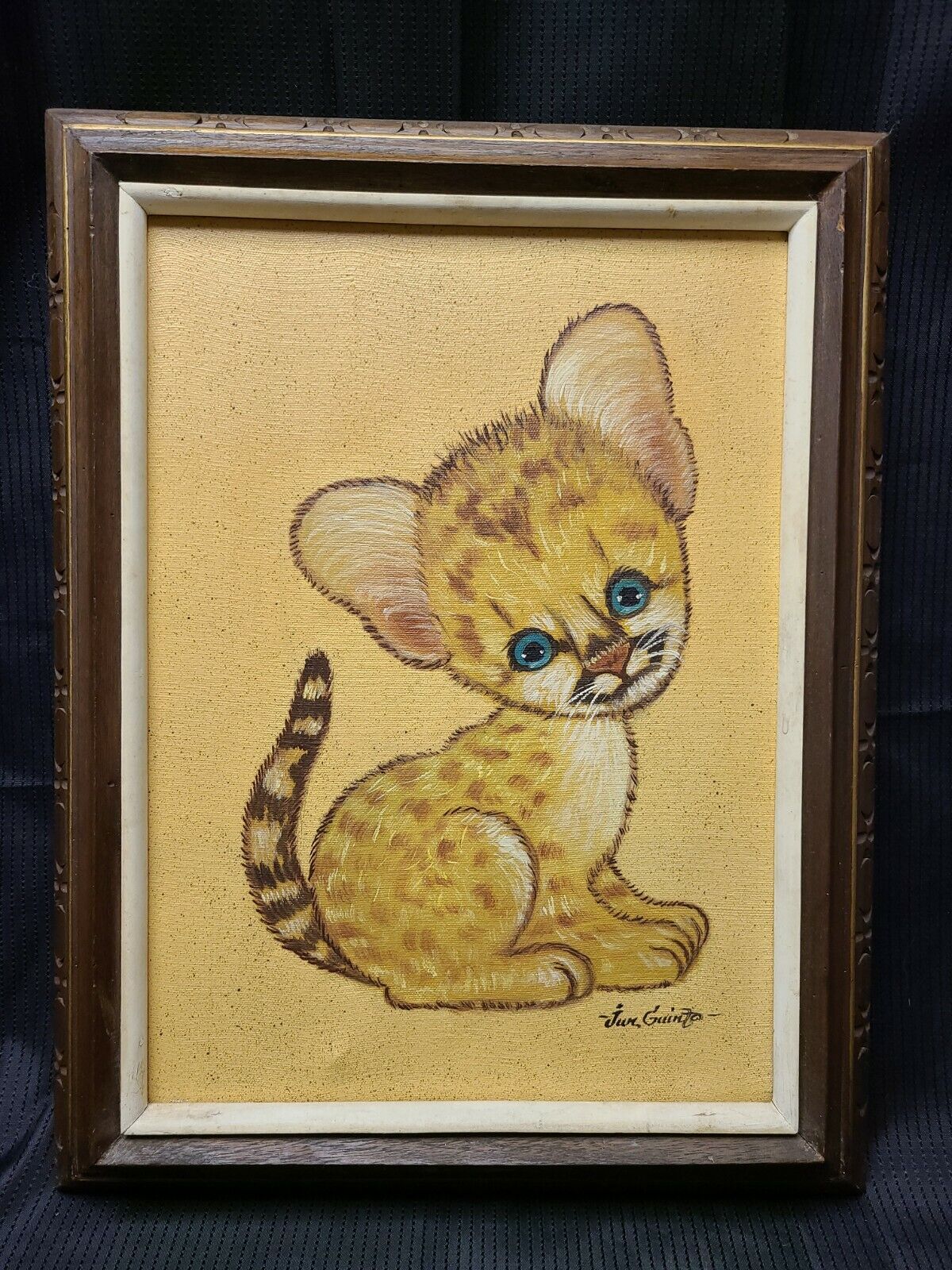 Vintage Wide Eyed Big Eye Cat Painting on Canvas Signed Jun Guinto Framed 