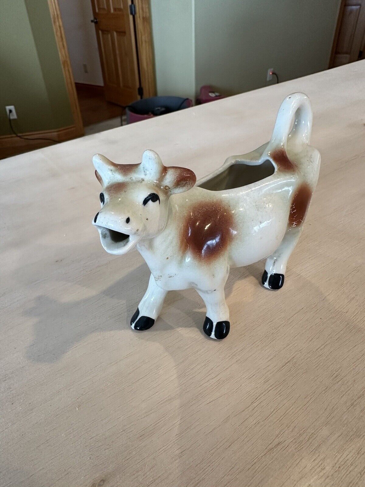 Vintage Brown And White Painted Porcelain Cow Creamer