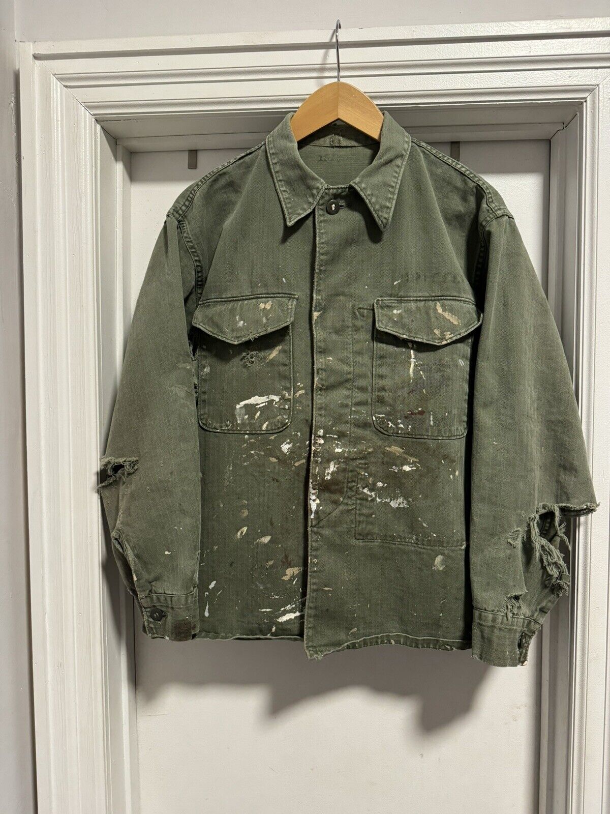 Vintage Heavily Distressed HBT Military Fatigue Shirt Field Jacket USMC