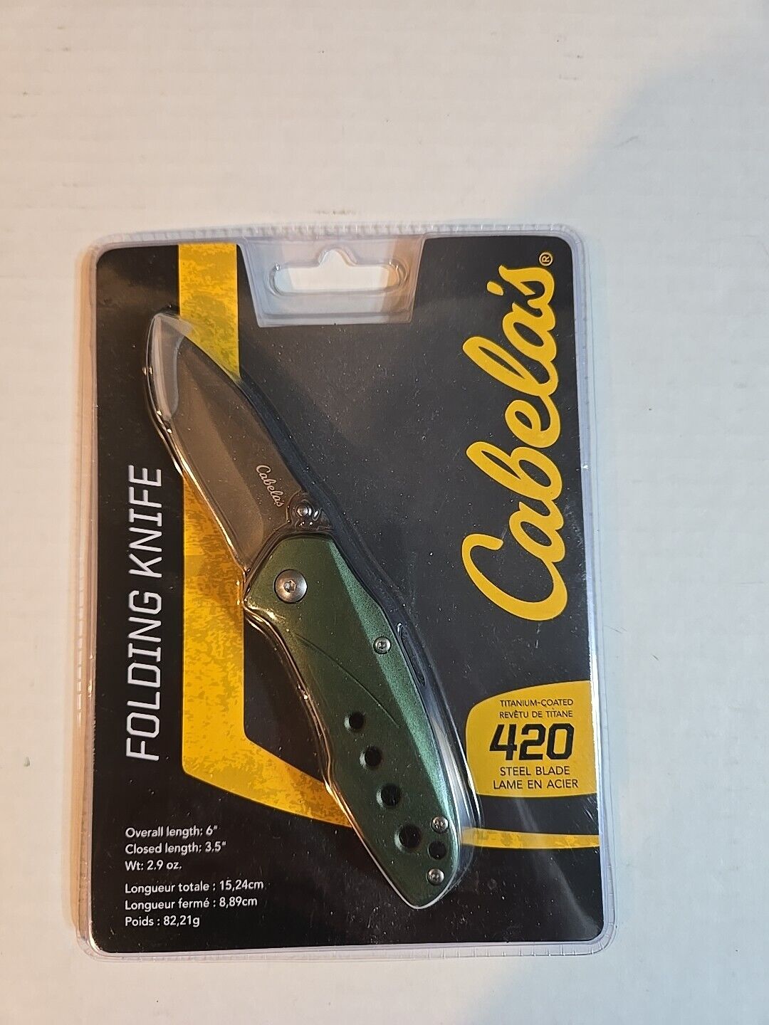 Cabela\'s Folding Knife Titanium Coated 420 Steel Blade Green New Sealed