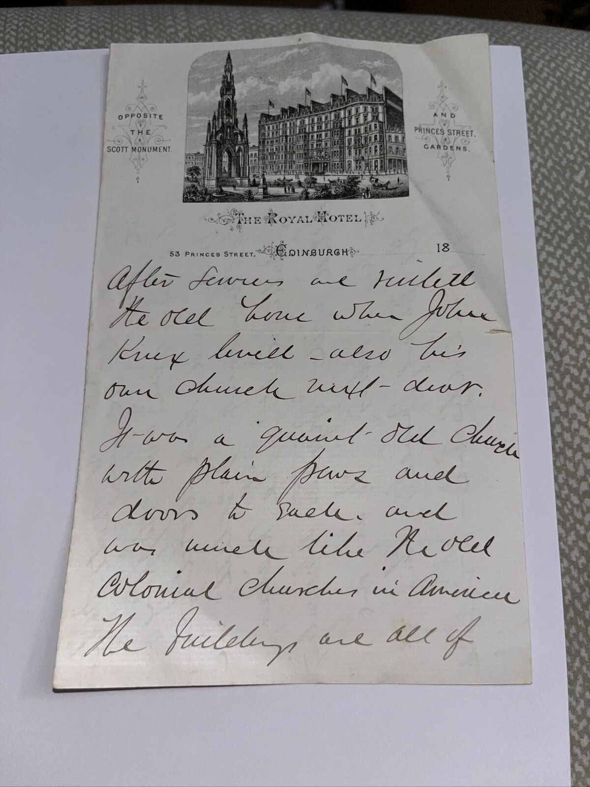 Antique 1800s Letter The Royal Hotel Letterhead Edinburgh Scott Monument Gardens