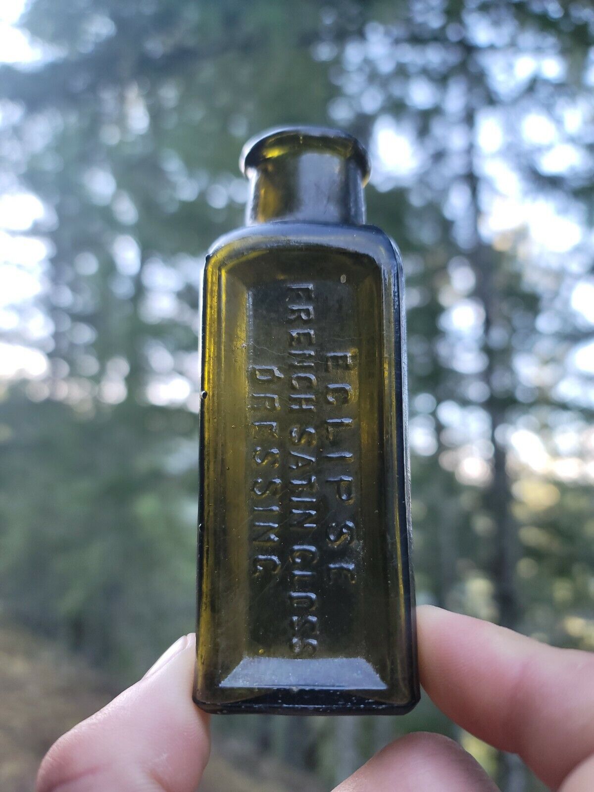 1890s Deep Olive Green Shoe Polish Dressing Bottle☆Antique Dark Green Bottle