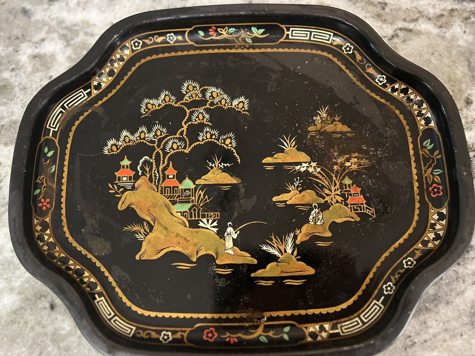 Vtg Baret Ware England Serving Tray Black Lacquer Toleware Asian Chinoiserie
