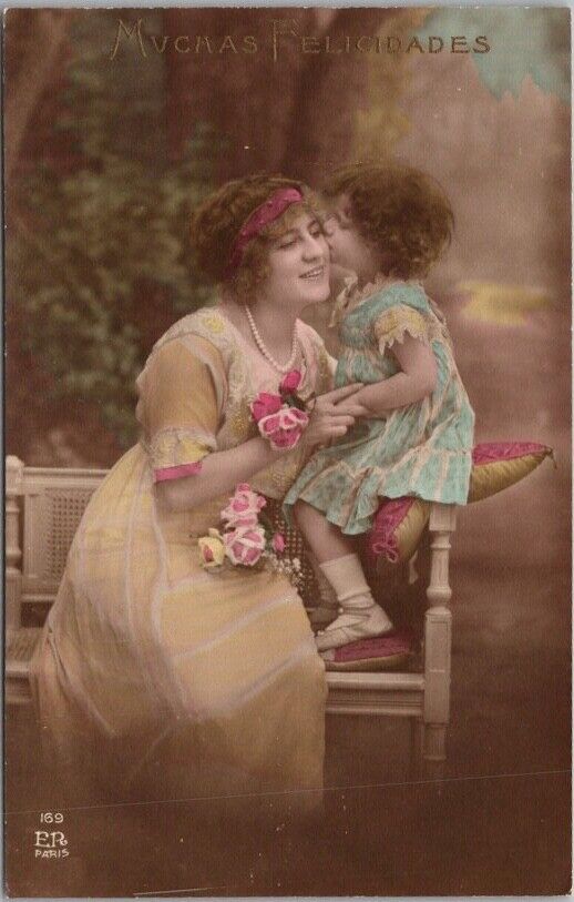 c1910s Spanish Tinted Photo RPPC Greetings Postcard /Mother & Little Girl UNUSED