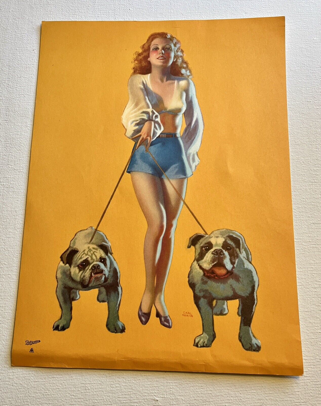 Vintage Orig Earl Moran Tinto-Gravure Brown & Bigelow Pinup Girl Litho Bulldogs