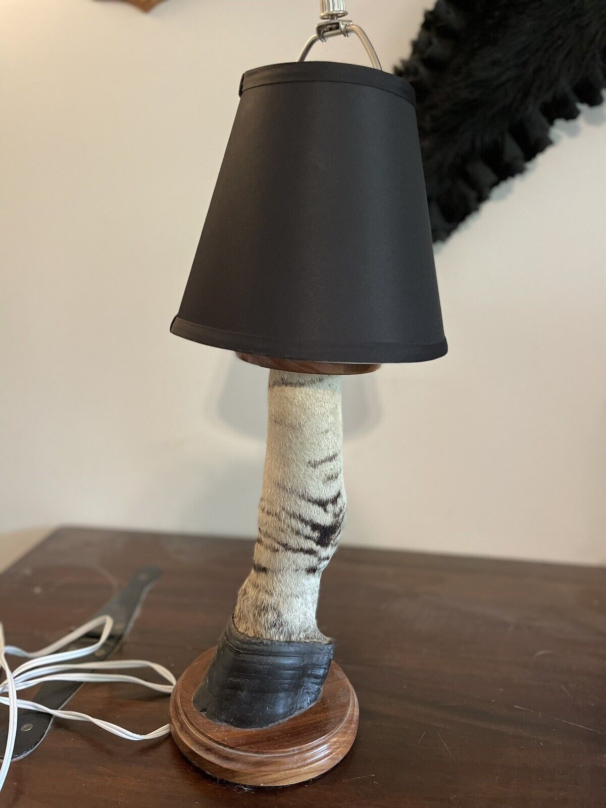 Zebra Hoof Lamp With Wood Base And Black Shade