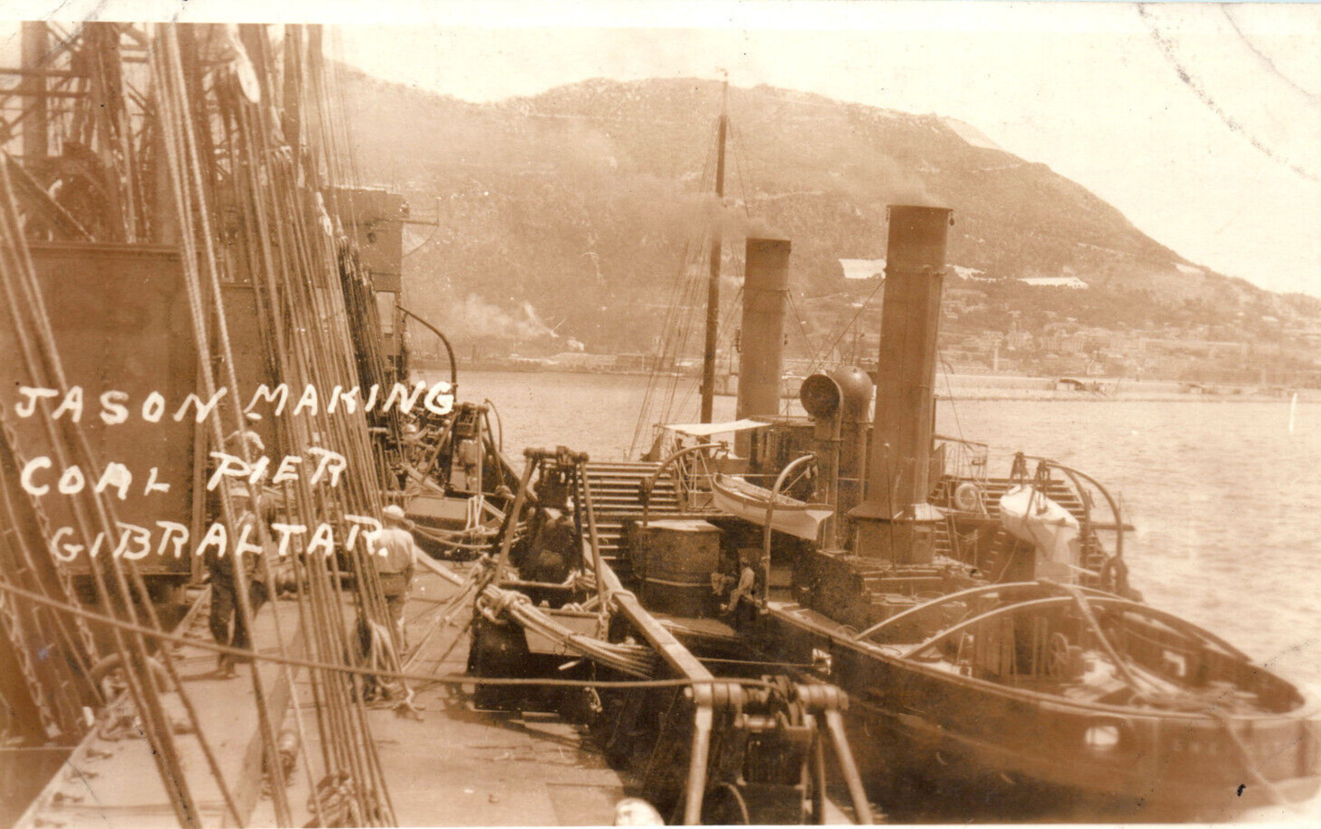 WWI USS Jason AC-12 Making Coal Gibraltar US Navy Ship Real Photo Postcard RPPC