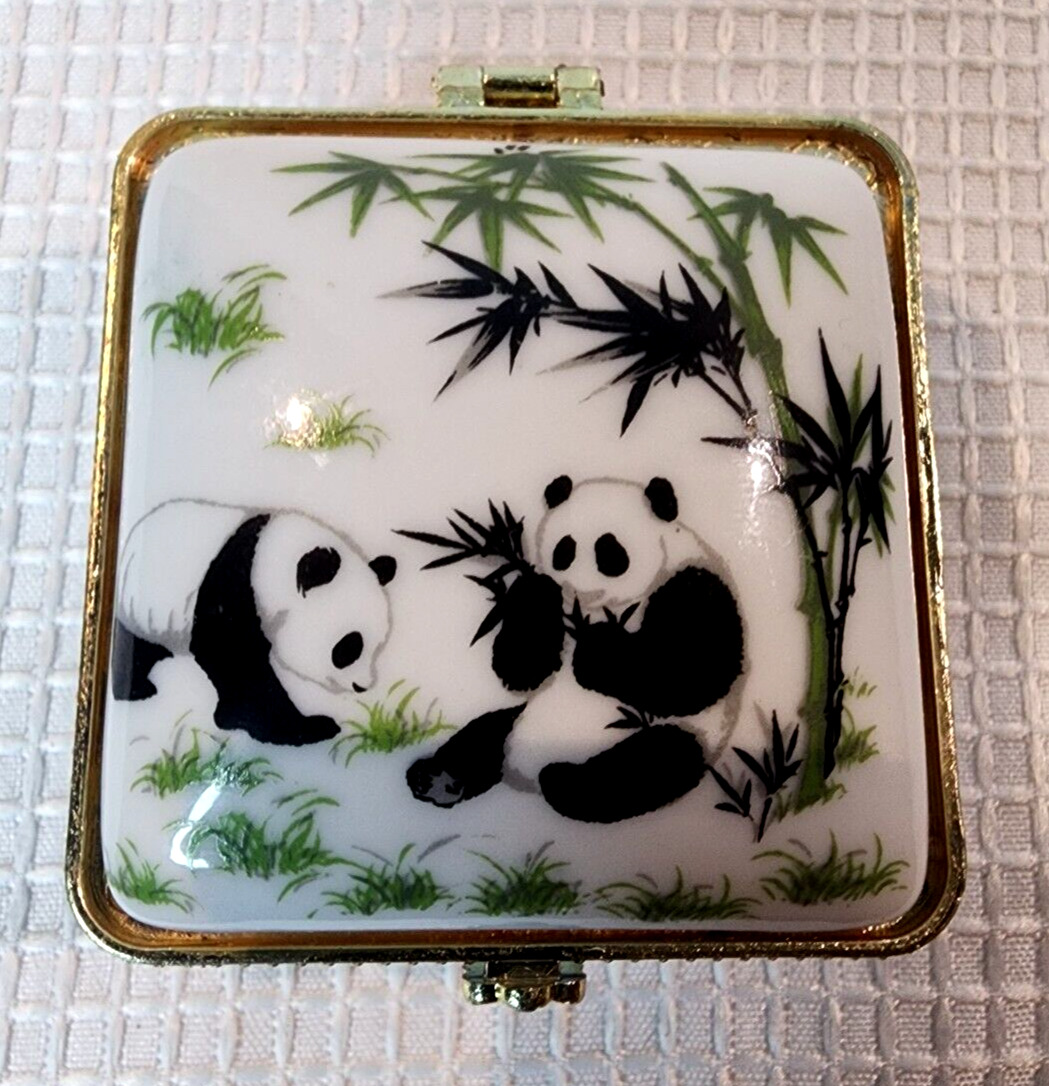 Vintage Panda Porcelain And Metal Trinket Box 2.5